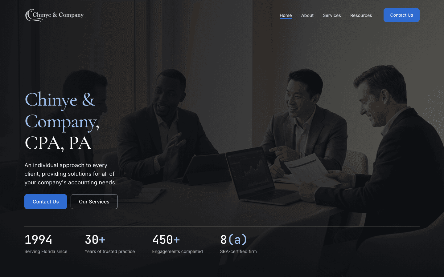 Homepage of the Chinye & Company, CPA, PA website